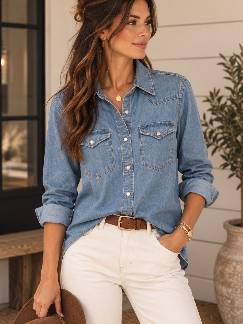J.Crew Classic Stretch Denim Western Shirt XS 98% Cotton